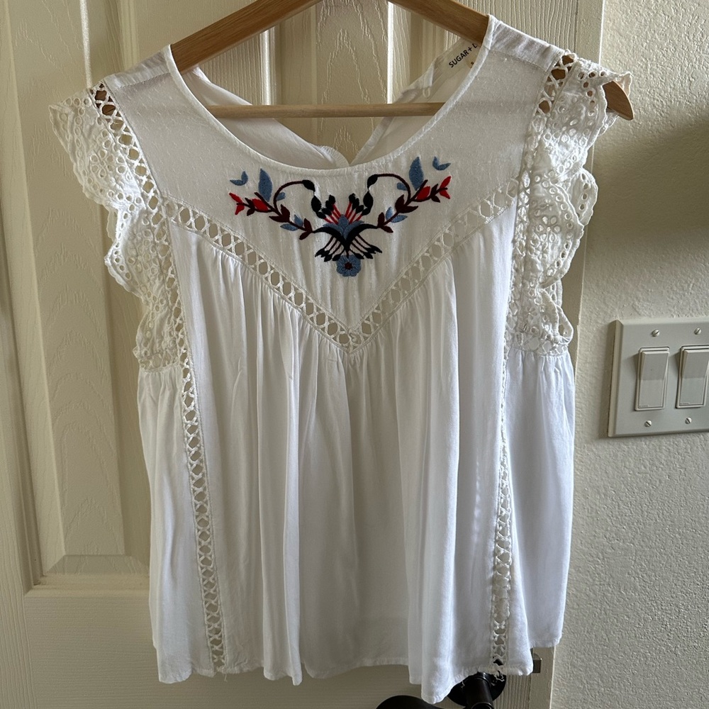 Sugar + Lipz white embroidered top